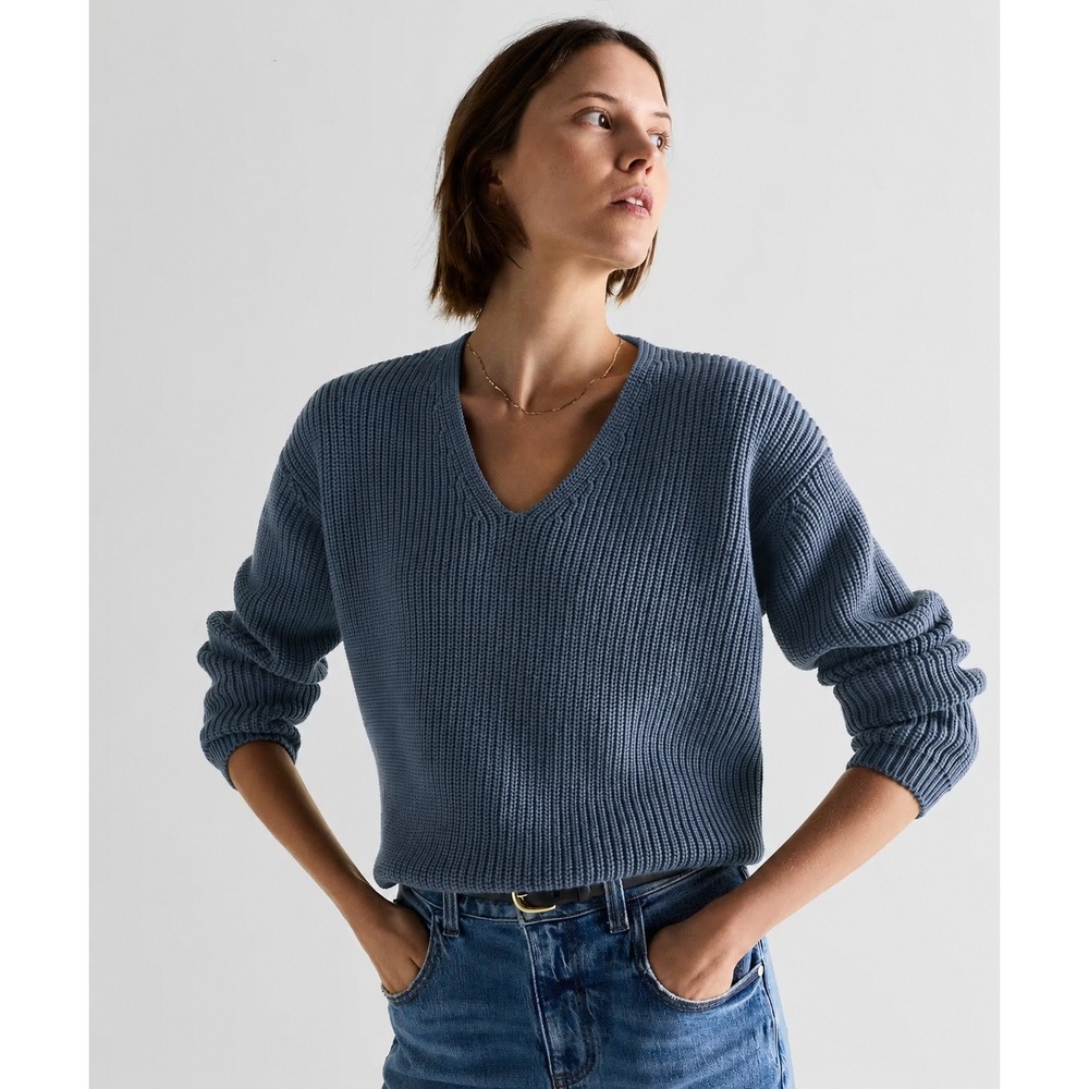 Quince 100% Organic Cotton Blue Fisherman V-Neck Sweater (Small)